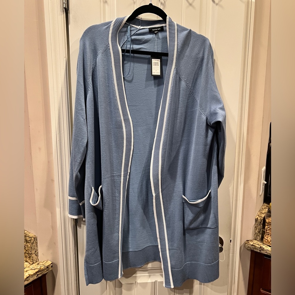Verve Ami Blue White Trim Long Cardigan Sweater Sz 1x